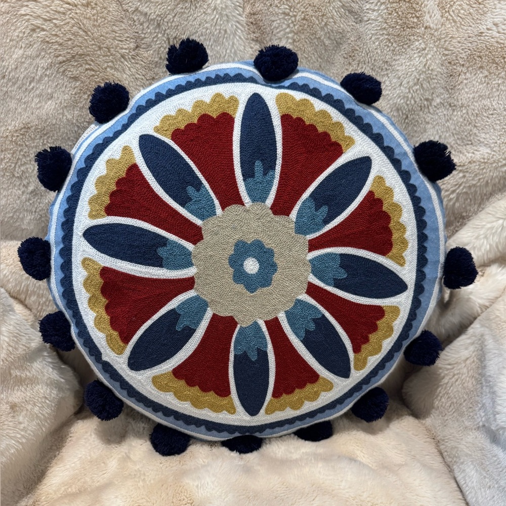 Nina Campbell Home Decorative Boho Pillow Embroidered Feather Down 16” Round